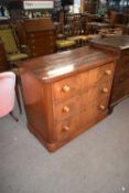 Victorian mahogany veneered three drawer chest with turned knob handles, 107cm wide