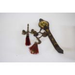 Leather horse brass holder and two small brushes with bells