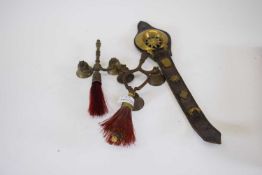 Leather horse brass holder and two small brushes with bells