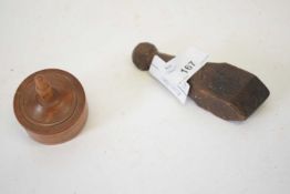 Vintage spinning top together with a further small item with incised initials dated 1801 (2)