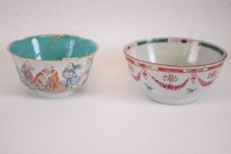 Two Chinese porcelain slop bowls, one 18th century in famille rose style, the other with Chinese