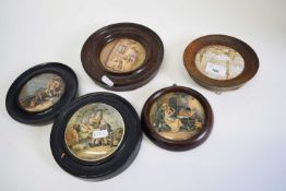 Group of pot lids in wooden frames including Trafalgar Square, The Best Card, Room in which