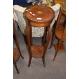 Edwardian mahogany two-tier plant stand of circular form with inlaid decoration, on outswept legs,
