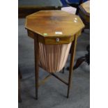 Late 19th century mahogany and inlaid octagonal sewing table with hinged lid opening to a fitted
