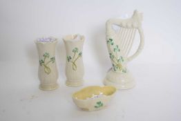 Quantity of mid-20th century Belleek wares including model of an Irish harp, two vases and a small