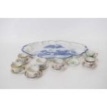 Large Continental porcelain shaped dish with blue and white design together with seven miniature