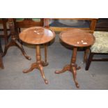 Pair of reproduction Georgian style circular topped wine tables on tripod bases, 37cm diam (2)