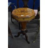 Victorian octagonal sewing table, the hinged top inlaid with a design of bird amongst foliage,