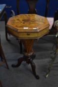 Victorian octagonal sewing table, the hinged top inlaid with a design of bird amongst foliage,