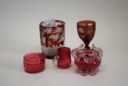 Group of glass wares including small engraved Bohemian beaker with a deer, further small engraved