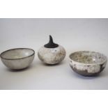 Group of Swedish pottery bowls by Louise Ebbmar, two with a white mottled design and further jar and