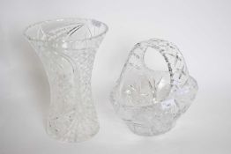 Tall cut glass vase decorated with flowers and a further cut glass bowl (2)