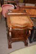 Victorian burr walnut veneered Davenport desk with sloped tooled leather writing surface opening