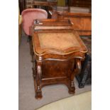 Victorian burr walnut veneered Davenport desk with sloped tooled leather writing surface opening