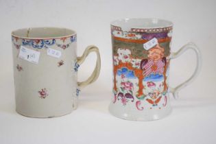 Two 18th century Chinese export porcelain tankards, the tallest 16cm high (both damaged)
