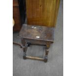Antique oak joint stool, rectangular top over turned legs and ribbed decoration to sides, 48cm wide