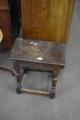 Antique oak joint stool, rectangular top over turned legs and ribbed decoration to sides, 48cm wide