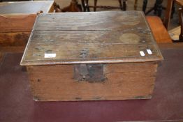 Small 18th century oak box of plain form with hinged lid, 49cm wide