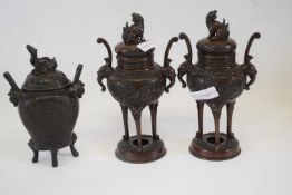 Group of bronze incense burners (3), all with typical designs, raised on three elongated feet
