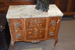 20th century Continental two-drawer chest with grey marble top over a body with inlaid floral