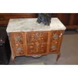 20th century Continental two-drawer chest with grey marble top over a body with inlaid floral