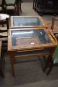 Pair of 20th century yew wood veneered bijouterie tables of hinged rectangular form raised on