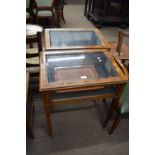 Pair of 20th century yew wood veneered bijouterie tables of hinged rectangular form raised on