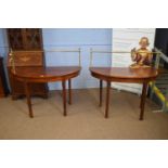 Pair of 19th century mahogany D-shaped console tables with brass railed backs, 121cm wide (2)