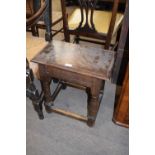 Antique oak joint stool, raised on turned legs, 47cm wide