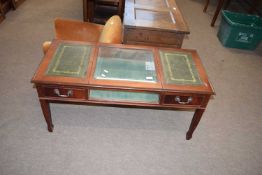 Reproduction mahogany veneered display coffee table with central hinged section and two side drawers