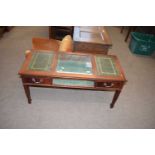 Reproduction mahogany veneered display coffee table with central hinged section and two side drawers