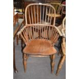 19th century stick back ash and elm seated Windsor chair with turned legs and an 'H' stretcher (a/