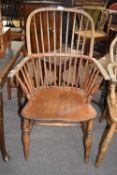 19th century stick back ash and elm seated Windsor chair with turned legs and an 'H' stretcher (a/