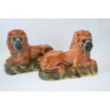Pair of Staffordshire pottery tan glazed lions with glass eyes, 33cm long (2)