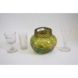 Loetz style green glass rose bowl of lobed form, together with three small glasses, two with