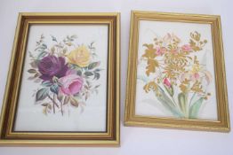 Porcelain plaque painted with flowers and one other, both in gilt frames (2)