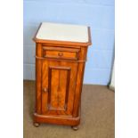 Victorian marble top walnut bedside cabinet with single drawer and single panelled door