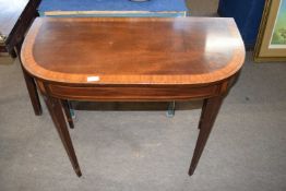 Mahogany demi-lune hall table, cross banded top over four tapering legs with inlaid detail, 93cm