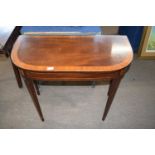 Mahogany demi-lune hall table, cross banded top over four tapering legs with inlaid detail, 93cm