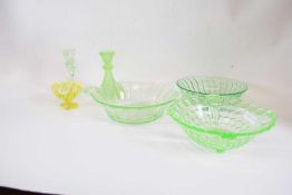 Group of uranium glasswares comprising 3 bowls, 2 candlesticks and small vase probably by James