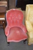 Victorian pink velour upholstered button back small arm or nursing chair raised on short scrolled