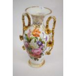 Large Continental porcelain baluster vase with floral decoration and with applied gilt flowers and