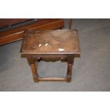 Antique oak and burr oak joint stool of rectangular form, raised on turned legs, 48cm wide