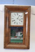 Rectangular wall clock with silvered enamel dial and Roman numerals, painted glass panel below of