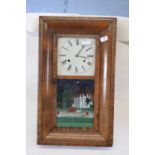 Rectangular wall clock with silvered enamel dial and Roman numerals, painted glass panel below of