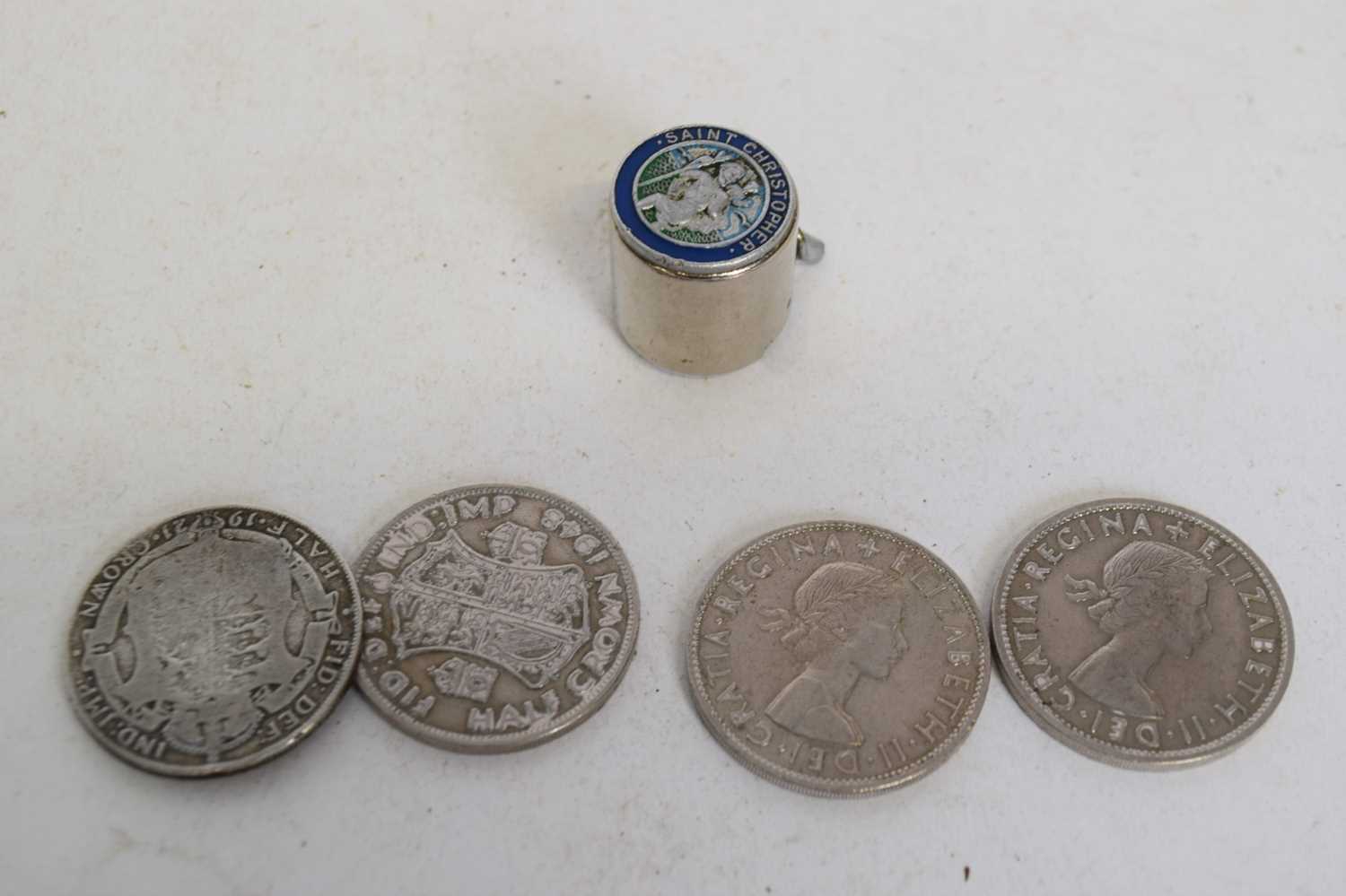Four crowns and small silver metal box with St Christopher