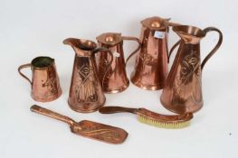 Quantity of Art Nouveau copper jugs made by John Stanley and Sons, together with a copper Art
