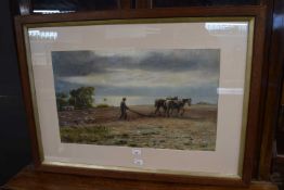 W Severn, (British, 19th century), Study of farmers and horses ploughing in a seaside field,