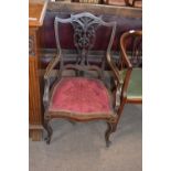Late 19th/early 20th century mahogany framed armchair with pierced splat back and inlaid