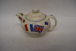 Crown Ducal WWII tea pot with the flags of various Commonwealth and Allied countries, one side